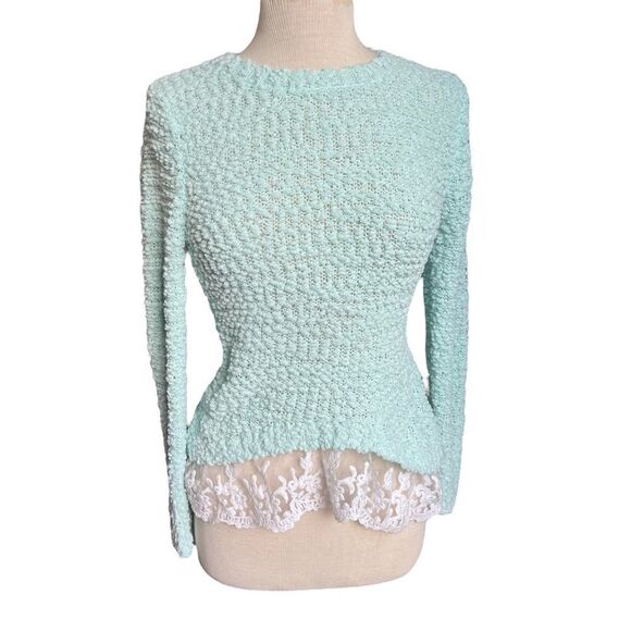 No Boundaries Medium 7-9 GREEN Open Knit Crocheted Long Sleeve Sweater Lace Hem - Picture 1 of 5